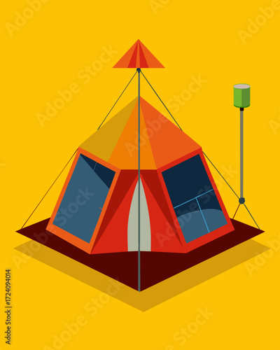 A versatile tent that can be set up as a standalone structure or connected to other tents all powered by solar panels.. Vector illustration