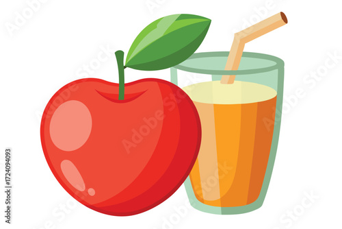 Ripe red apple stands near a glass filled with fresh orange juice