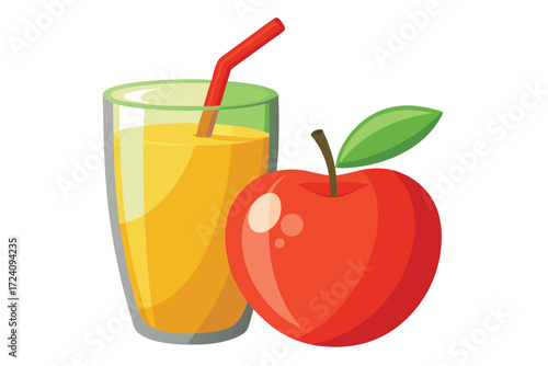 Juice glass with a straw and a red apple with leaf sit together