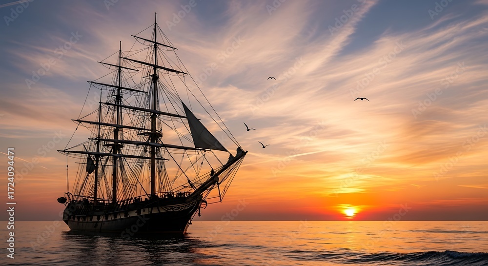 Fototapeta premium Majestic Tall Ship Sailing into a Vibrant Sunset on the Open Ocean
