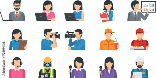 Cartoon People in Various Professions and Jobs Including Office, Delivery, Media, Construction, Customer Service, and Business Roles Vector Set