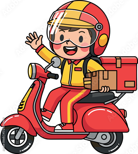 Cartoon delivery man riding red scooter with package box, waving hand, wearing helmet and uniform, fast food courier vector illustration