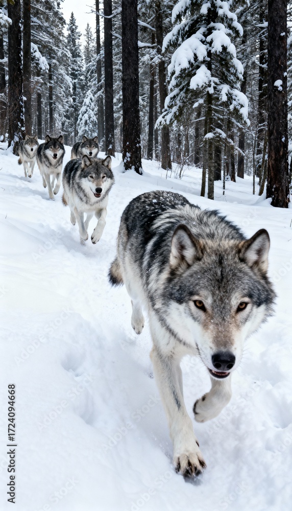 Naklejka premium Pack of wolves running through snowy forest, dynamic and realistic winter scene