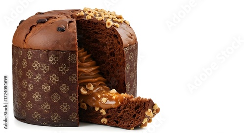 Chocolate panettone infused with salted caramel truffle filling and hazelnut crunch