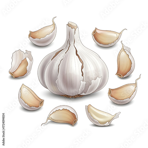 Fresh Garlic Bulb and Cloves Isolated on White Background