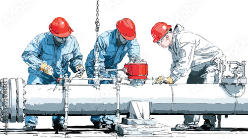 Skilled Oil Gas Workers at Petroleum Pipeline Industry Site