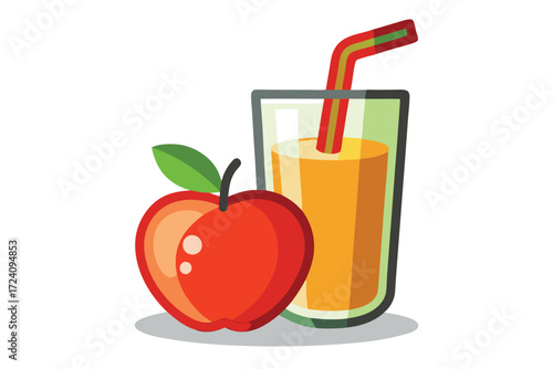 Cartoon depiction shows a full glass of apple juice beside a shiny red apple