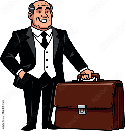 Confident businessman in formal black tuxedo with leather briefcase, professional attire, smiling pose, career success, cartoon vector illustration