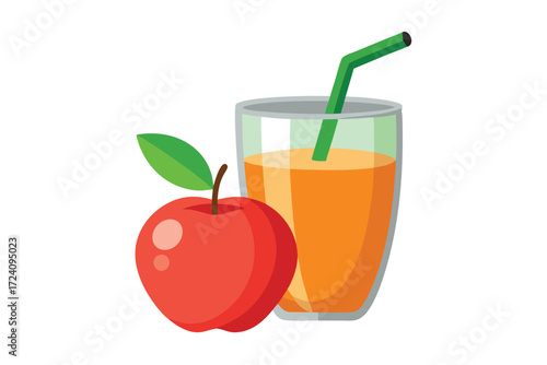 Fresh red apple with green leaf and apple juice drink in a tall glass