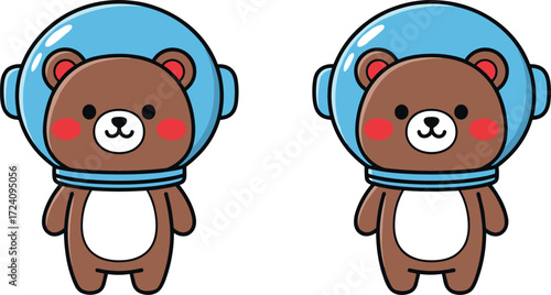 Cute cartoon astronaut bears in blue space helmets, standing upright with red cheeks, ideal for children’s space-themed vector illustrations.