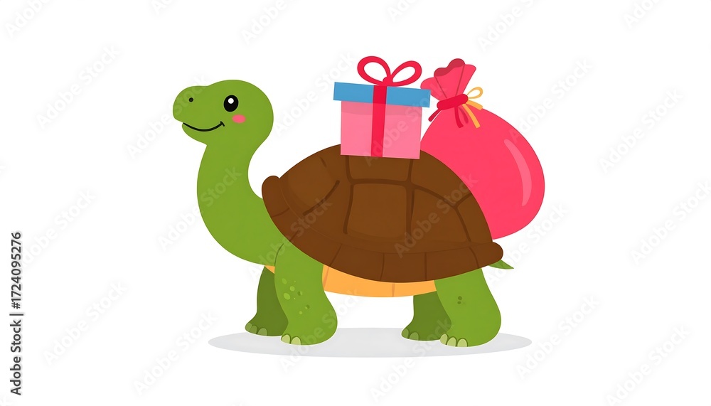 Fototapeta premium Cute turtle carrying a gift and sack