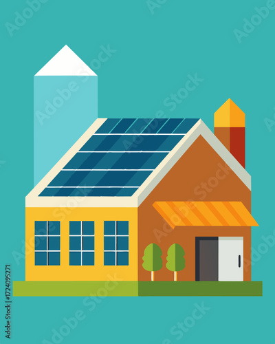 An industrial warehouse becomes ecofriendly with a solar array spanning its large rooftop.. Vector illustration