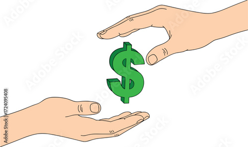 Financial transaction concept with dollar symbol between two hands representing money exchange, donation, protection, support, and economic interaction.