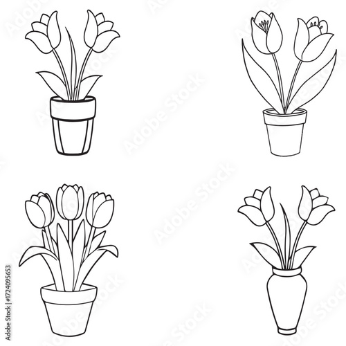 Tulip flower pot line art, minimalist floral doodle perfect for coloring pages and decor