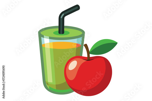Green juice in a glass with straw is near shiny red apple