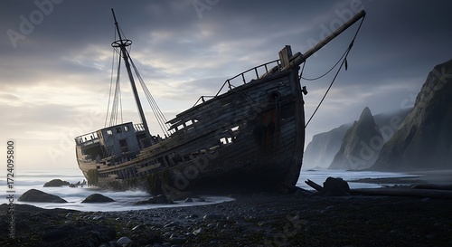 Maritime wreck on rugged coast, skeletal remains of an old fishing vessel