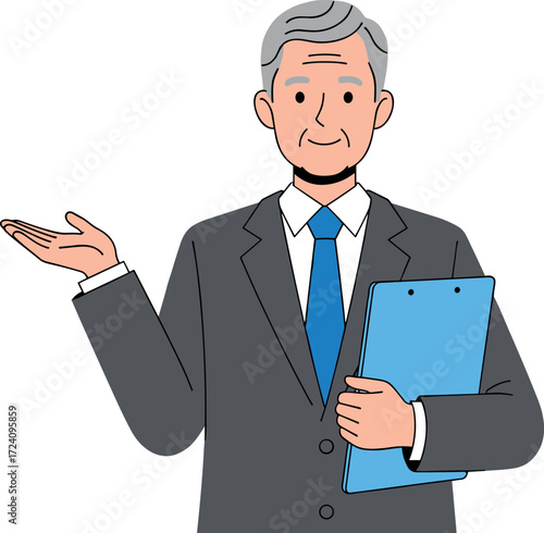 Senior businessman in suit holding clipboard and gesturing hand, professional male character illustration for corporate, education, and presentation themes.