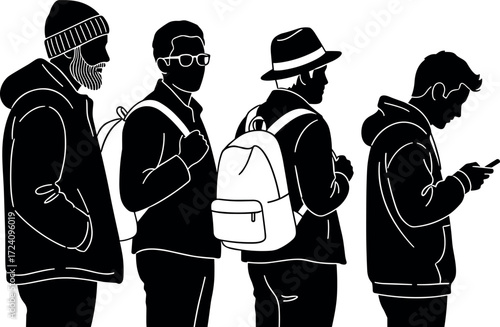 Silhouette of four people standing in line wearing winter clothes, backpacks, and hats, facing right, urban lifestyle illustration