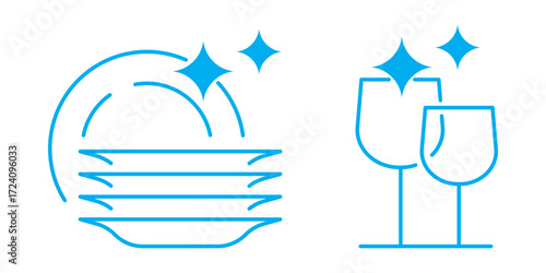 Set of clean dishes and glasses line icons. Dishwashing outline symbols with plates and cups. Editable stroke. Simple icons for kitchen care, hygiene, cleaning service.