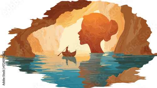 Serene Woman Boating Into Head Shaped Cave Vector Illustration