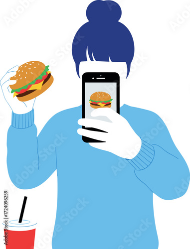 Young person photographing hamburger with smartphone in casual setting, social media food sharing concept, modern lifestyle and digital documentation trend