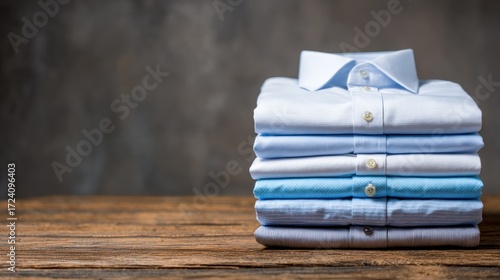 Stack of light blue dress shirts on wooden table