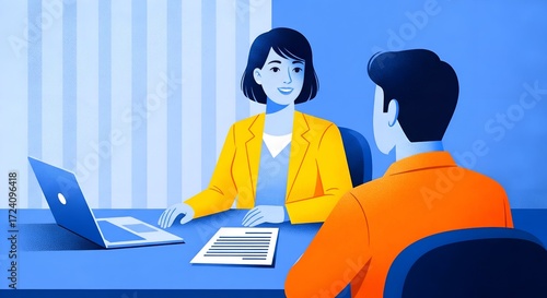 Business meeting with laptop and documents between two professionals in office setting