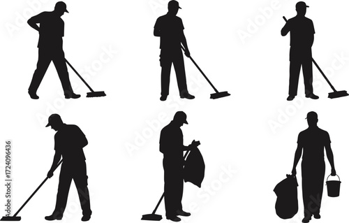 Silhouette, of, janitor, workers, cleaning, with, mop, vacuum, bucket, trash, bag, tools, hygiene, maintenance, professional, cleaners, isolated, on, 