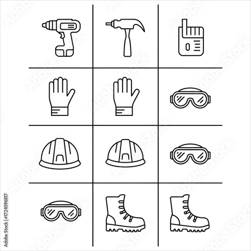 Set of twelve black and white line art icons depicting power tools and safety equipment including drill, saw, gloves, and helmet