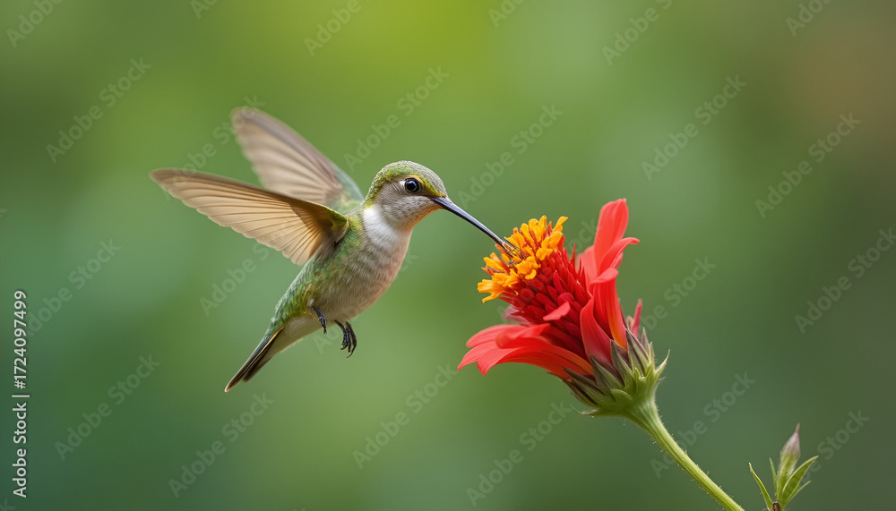 Fototapeta premium Hummingbird Feeding on Vibrant Red Flower in Garden Sunlight