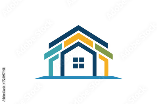Geometrical abstract house with blue window and colorful outline on a clean white background