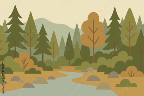 A colorful autumn forest landscape with a winding stream, vibrant trees, and rocky terrain, evoking a peaceful natural setting. Perfect for outdoor, seasonal, and nature-themed designs.