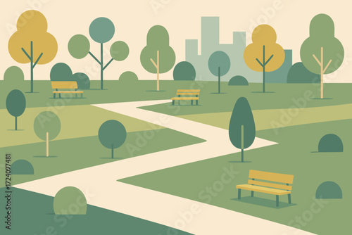 A serene park landscape featuring winding paths, benches, and trees, creating a calm and inviting atmosphere. Ideal for designs related to relaxation, outdoor spaces, and urban parks.