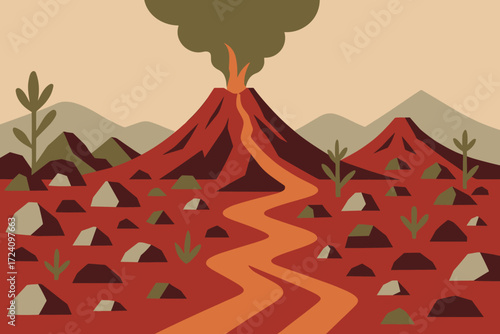 A dramatic volcanic landscape with erupting lava, rocky terrain, and smoke rising from the mountains, capturing the raw power of nature