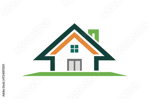 Green and orange outlines compose a simplified residence with a white exterior on white
