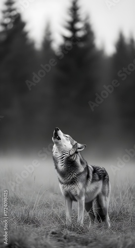 The haunting call of the wild captured in a stunning black and white photograph of a lone wolf howling in a remote, misty forest meadow