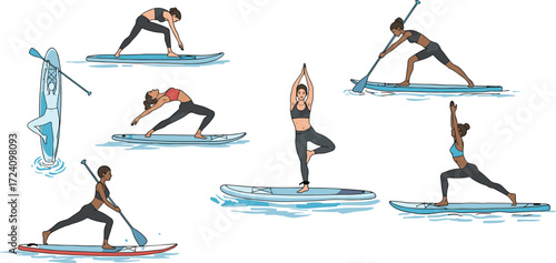 Paddleboard yoga on water, balance training, outdoor fitness, group exercise, summer activity, wellness, flexibility, nature workout, peaceful vibe