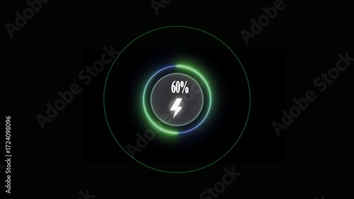 Wallpaper Mural Neon loading animation counting from 0 to 60%, featuring a glowing green circle, and a charging connector on black background. Torontodigital.ca