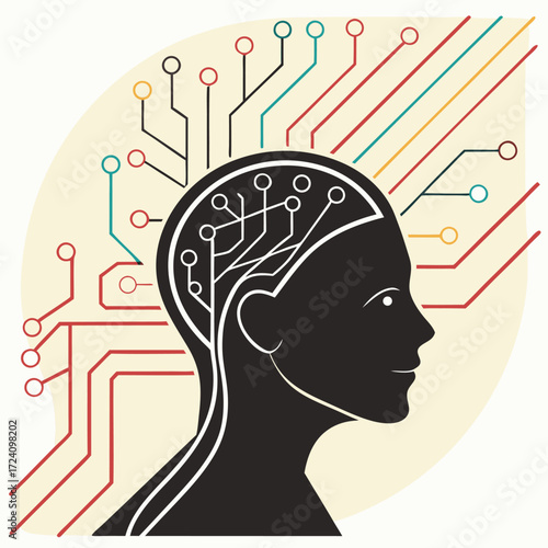 Futuristic human head silhouette with glowing digital data streams and network connections
