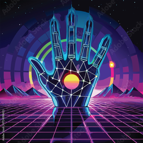 Futuristic neon digital hand reaching out with glowing blue and red light against a dark background