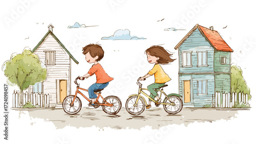 Joyful Kids Cycling Outside in Residential Area