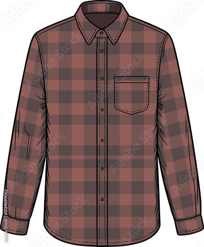 Men’s flannel shirt CAD flat sketch front view, long sleeve button down brown plaid shirt fashion template, vector technical drawing clothing design