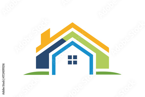 Multicolored modern house structure displays layered rooftop and simple window pane design with green lawn