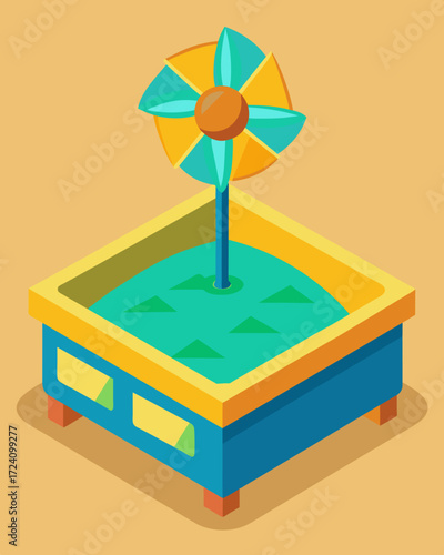 A sandbox with a builtin solarpowered fan to keep the sand cool and prevent it from getting too hot for little hands.. Vector illustration