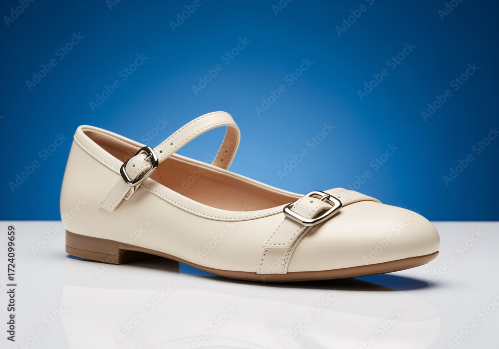 Naklejka premium Cream Mary Jane Shoes, Girls' Buckle Shoes, Kids' Flat Shoes, Elegant Children's Footwear, White Leather Mary Janes