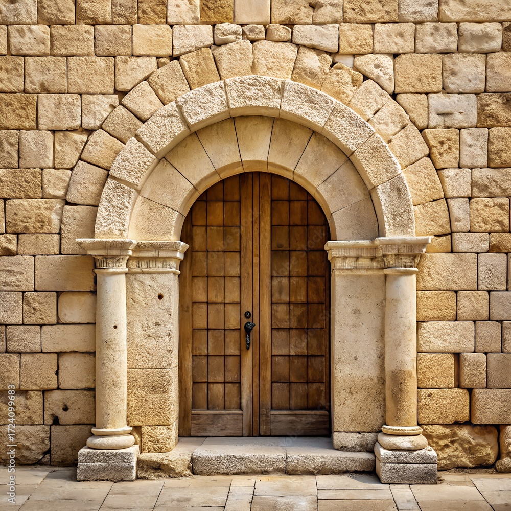 Naklejka premium Ancient stone archway with weathered brick wall and rustic wooden double doors