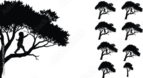 Child standing on tree branch silhouette, nature exploration, leafy canopy, artistic tree shapes, outdoor adventure, childhood curiosity, forest scene