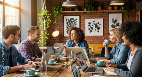 A group of diverse people working together at a table in a cafe with laptops and coffee cups