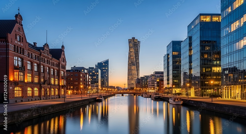 Obraz premium Malm? cityscape with architecture and canal at twilight long exposure