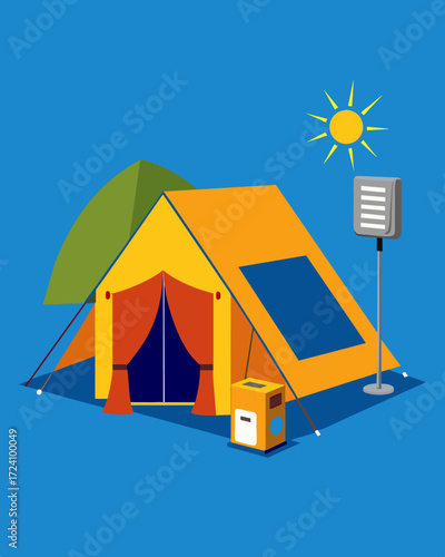 A spacious family tent with a solarpowered generator to provide electricity for all campers.. Vector illustration